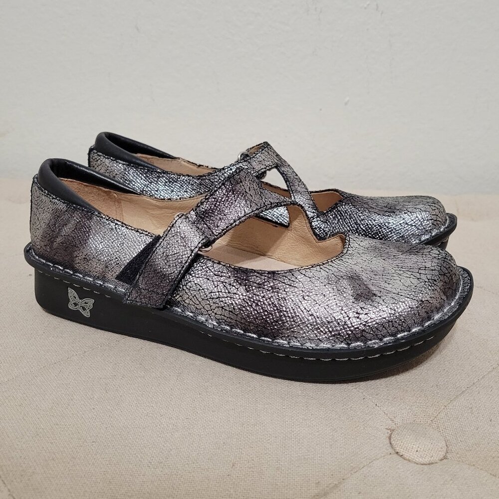Alegria Jil Metallic Silver Mary Jane Crackle Leather Clogs Size  37